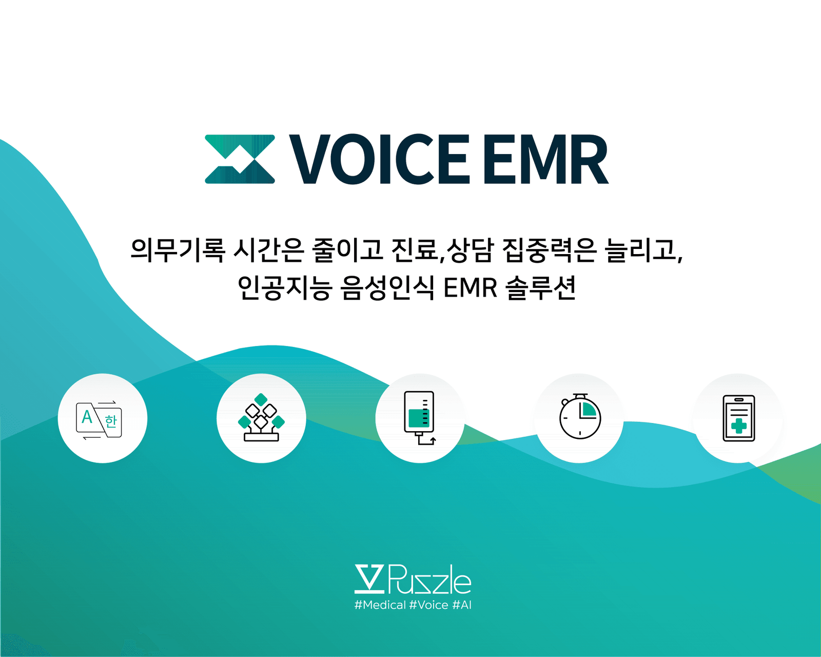 Promotional graphic for PuzzleAI's VoiceEMR solution, showcasing its benefits in reducing medical record time, enhancing diagnosis efficiency, and focusing on patient care through AI-driven technology.