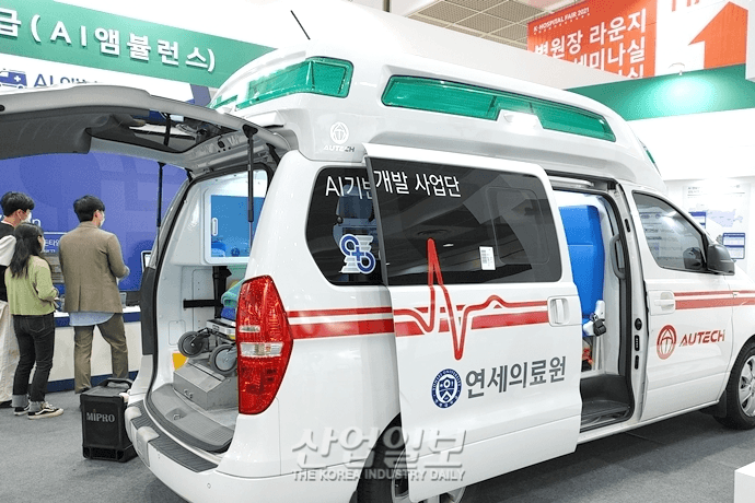 An AI-powered ambulance is on display, showcasing its interior and advanced technology aimed at improving emergency medical services.