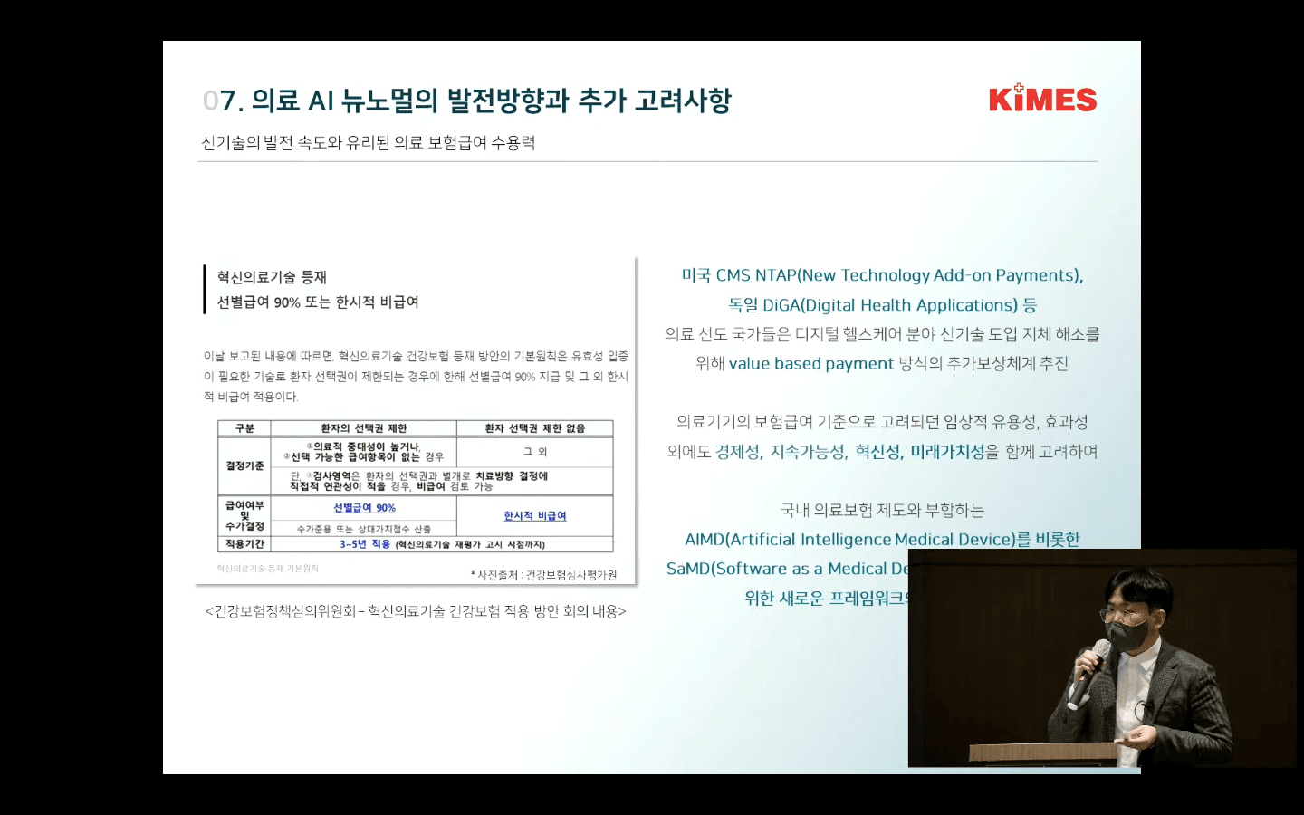 A presentation slide from KIMES 2022 discussing the development direction and additional considerations for medical AI. The slide highlights new insurance payment models based on innovation in healthcare technology, referencing U.S. CMS NTAP and Germany's Digital Health Applications (DiGA). It includes key points about value-based payment approaches and the criteria for assessing new medical technologies in terms of feasibility, effectiveness, sustainability, and future potential.