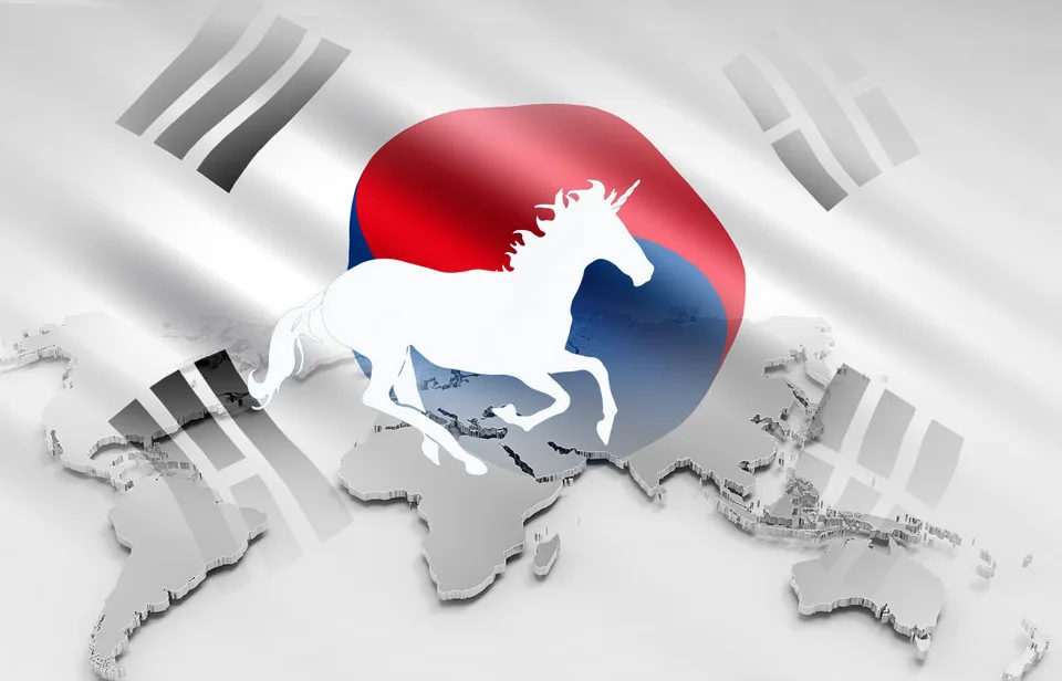 A creative representation of a unicorn set against the backdrop of South Korea's flag, symbolizing the rise of unicorn startups in the country. The image incorporates a map of Asia, signifying the geographical context of the budding startup ecosystem.